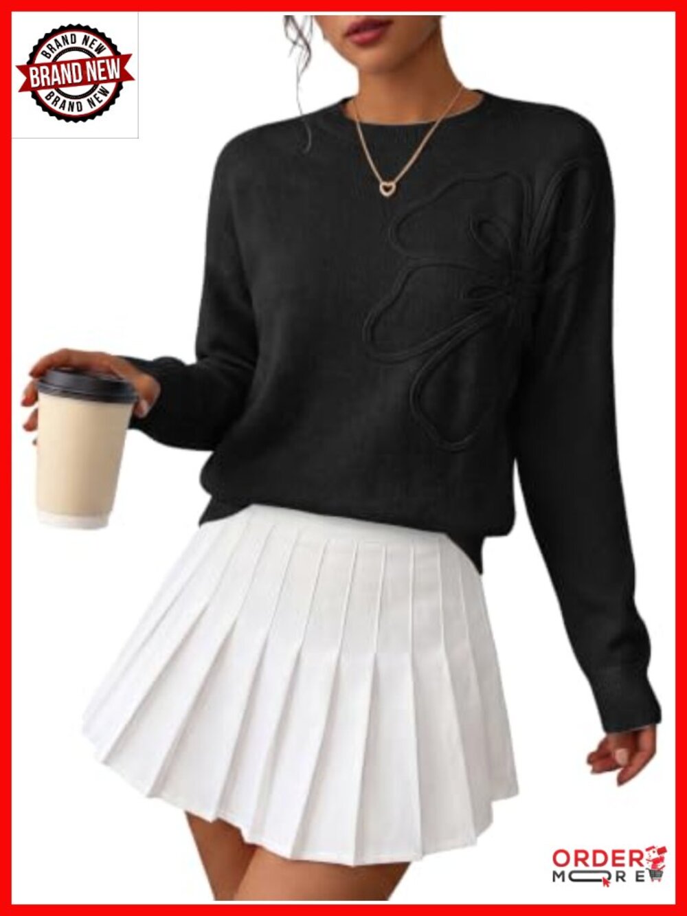 Womens Loose Fit 3D Floral Knit Sweater Pullover Crew Neck